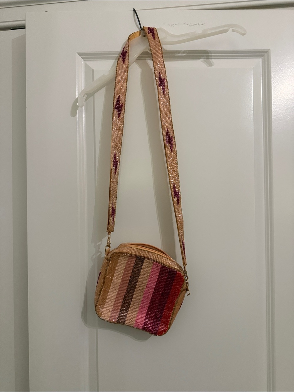 Striped Multicolor Crossbody Bag - Pink and Brown Sparkle